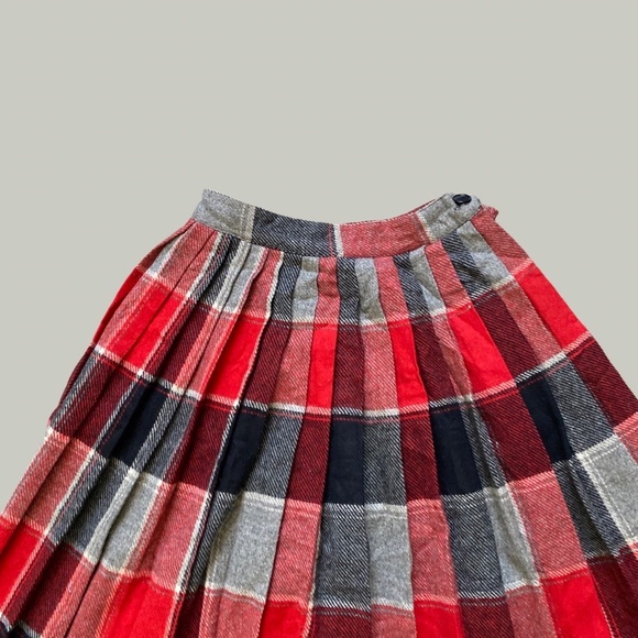 Vintage Red Plaid Pleated Circle Wool Skirt - Picture 2 of 6